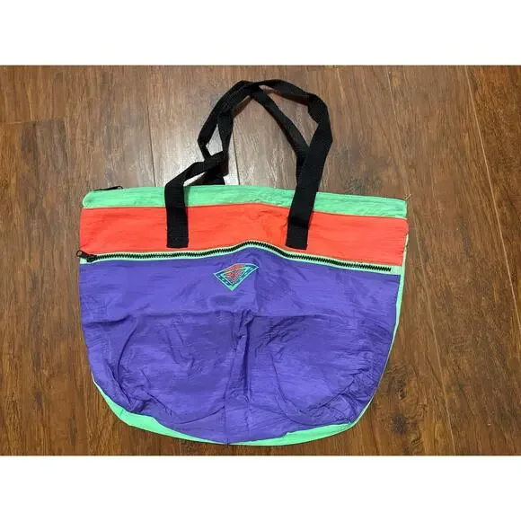 Vintage 90s Gitano Neon Tote Bag Nylon Sport Gear Gym Purple Zip Case Set Retro - Picture 1 of 7